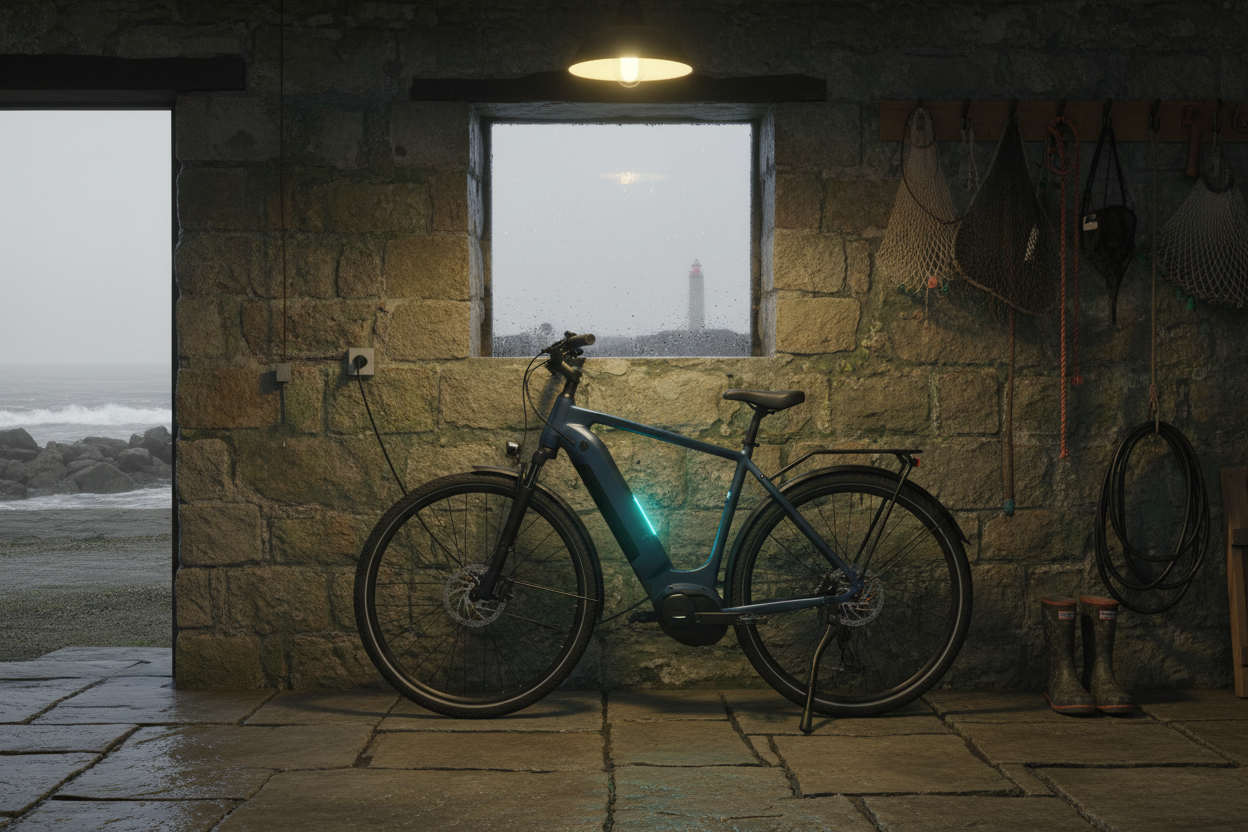 E-bike accu opladen en bewaren in een vochtige garage of kelderbox aan de kust