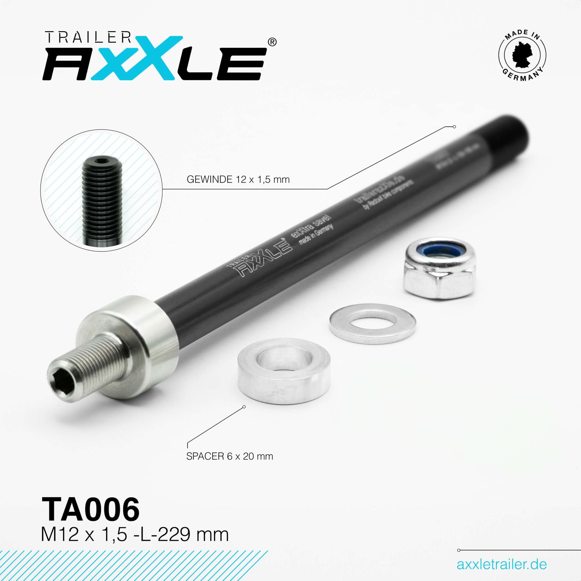 Steekas voor aanhangwagen Radoxx TA006 M12 x 1,5 lengte 229mm