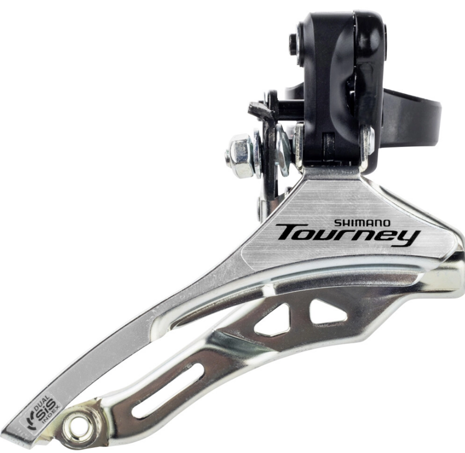 Voorderailleur 3 x 6/7 speed 3 x 6/7V Shimano Tourney FD-TY300 down swing/top pull - hoge klem 28,6 mm - 42T - (66-69°) - Zwart/Zilver