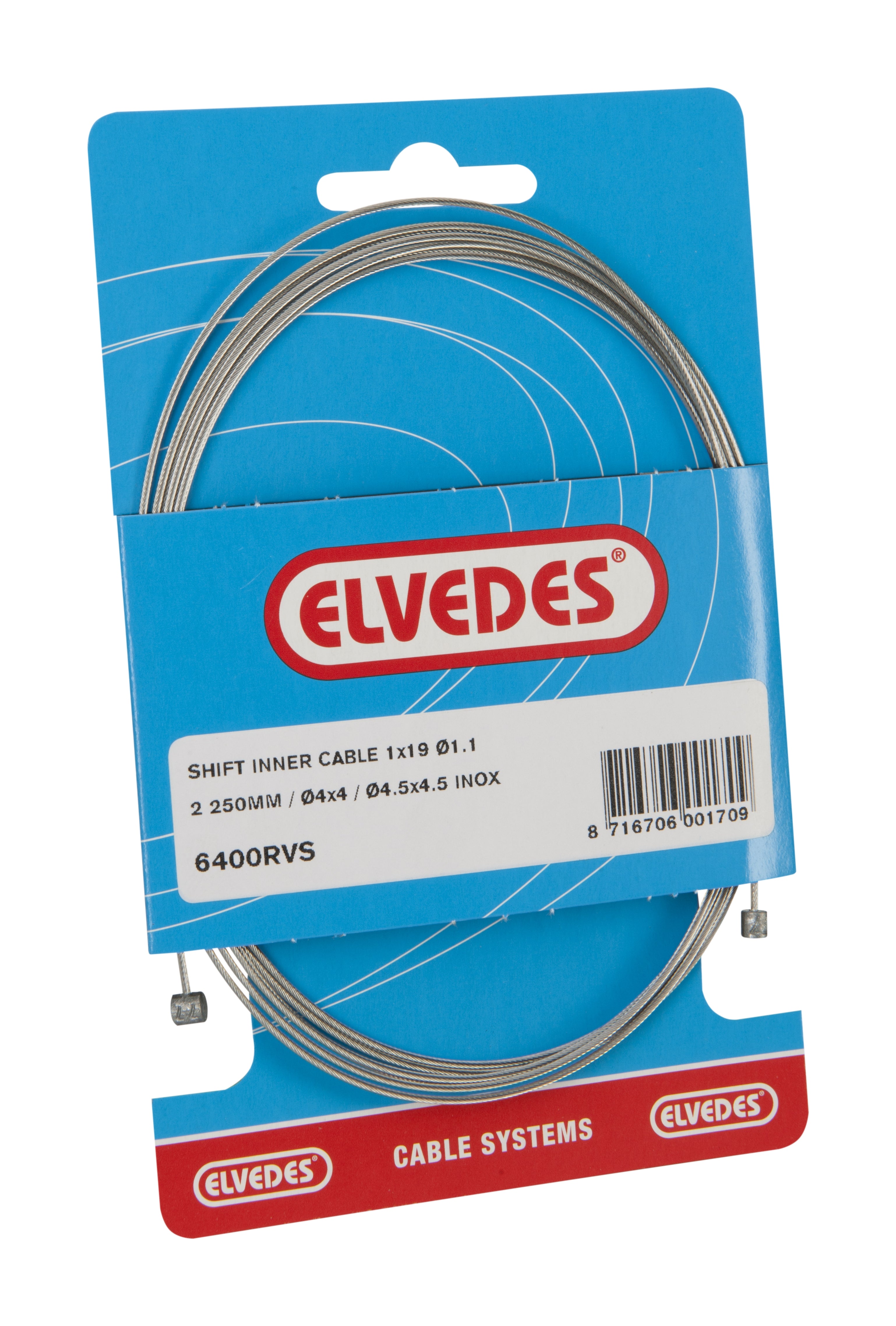 Schakel binnenkabel Elvedes 2250mm RVS Ø1,1mm Shimano / Huret N-nippel en T-nippel (op kaart) - Zilver