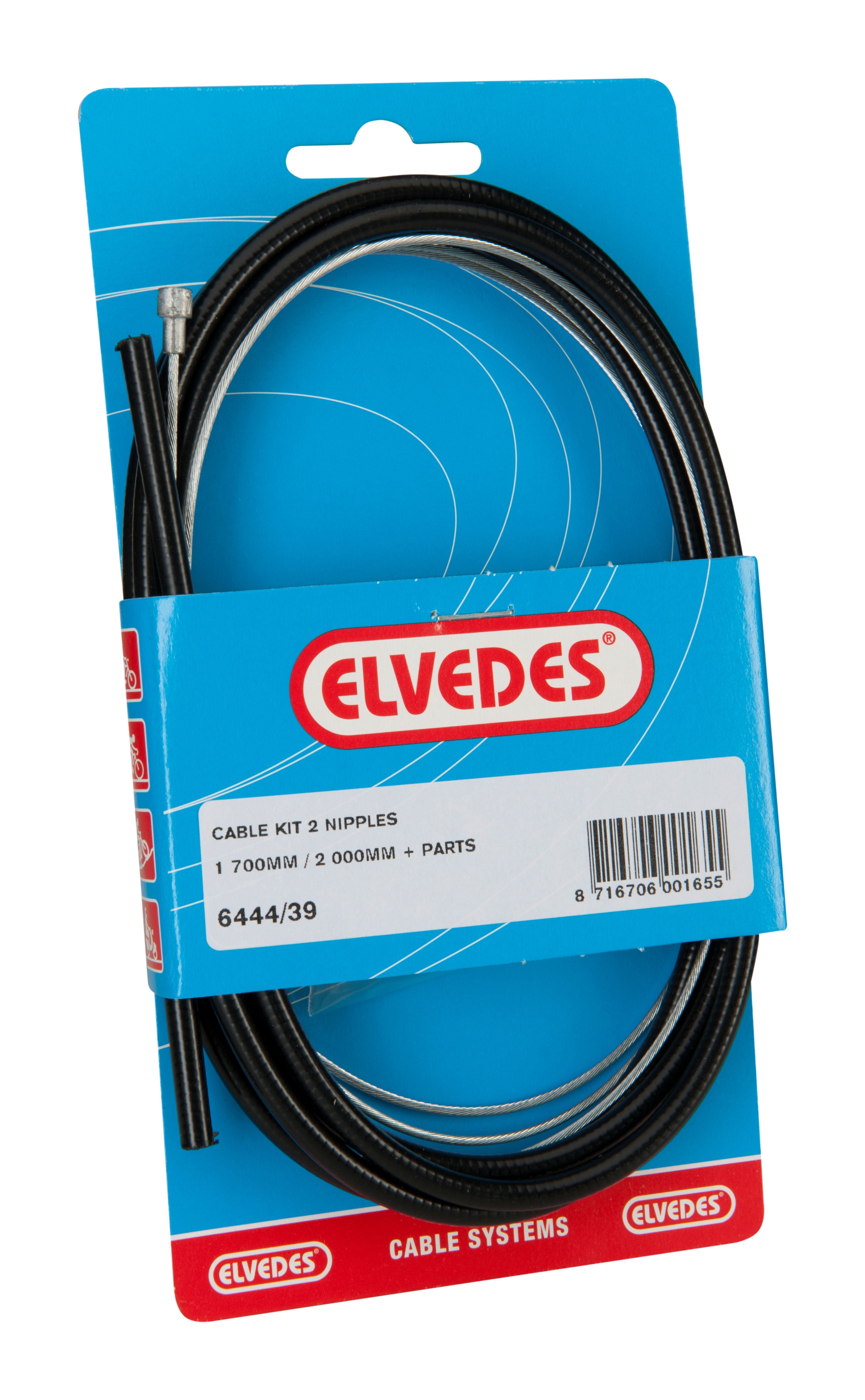 Remkabelset achter Elvedes 1700mm / 2250mm verzinkt 2 nippels - zwart (op kaart)