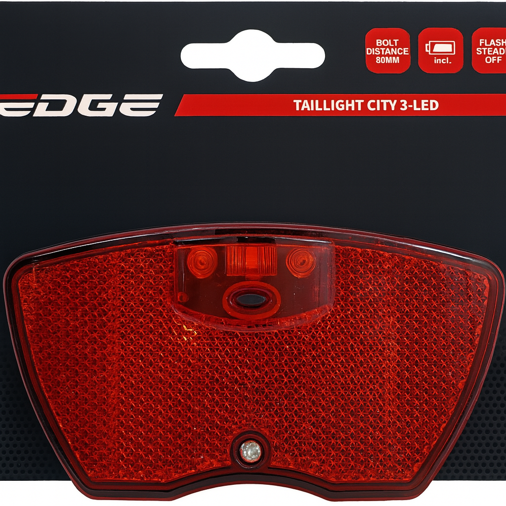 Dragerachterlicht Edge City - 3 leds -80mm- inclusief batterijen (op kaart)